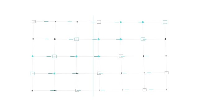 Abstract digital data flow diagram vector infographic with connecting nodes and arrows in grid layout
