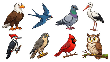 Naklejka premium Wild Bird Cartoon Character Vector Set Featuring Bald Eagle Swallow Pigeon Stork Woodpecker Falcon Cardinal and Owl Illustrations for Nature Education Designs