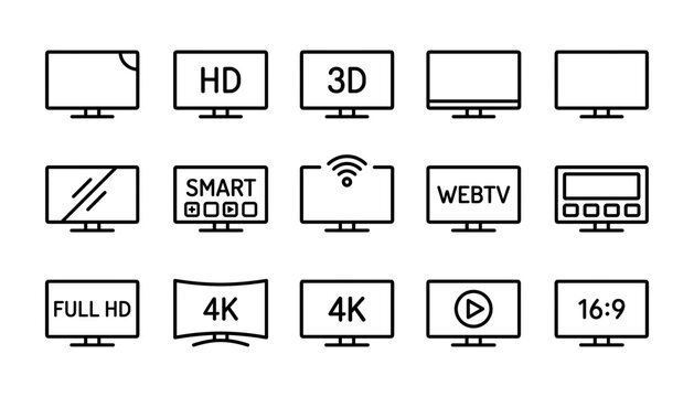 Minimalist Smart Television Line Art Icon Set Featuring 4K Curved Full HD WebTV and Smart Screen Options for Electronics Retail and Media Interface Designs