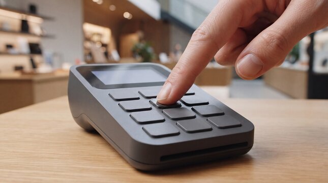A person using a finger to press buttons on a grey electronic payment terminal, interacting ad social media download thambnail poster web template event festival 2026 2027 2028