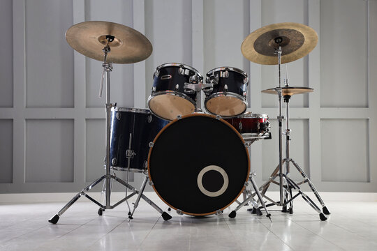Modern drum set in studio. Musical instrument