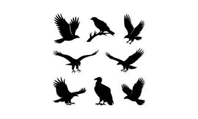 Fototapeta premium Black silhouette of eight crows in flight against white background, bird flying