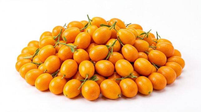Bright orange kumquat fruits piled together in a vibrant display sitting isolated on white background