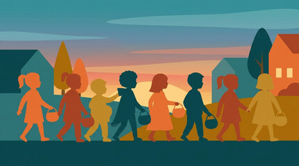Fototapeta premium Flat Vector Silhouette of Trick-or-Treaters Walking at Dusk Halloween Illustration in Teal and Warm Tones