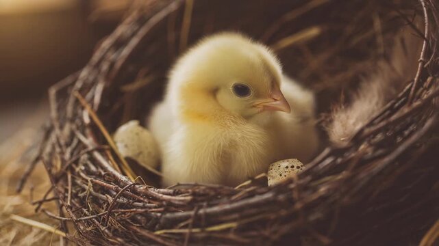 Fluffy yellow chick hatching in rustic nest surrounded by speckled eggs in natural setting
