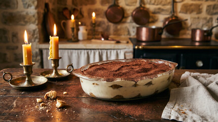 Fototapeta premium Rustic Kitchen Setting with A Large Tiramisu Dessert and Lit Candles