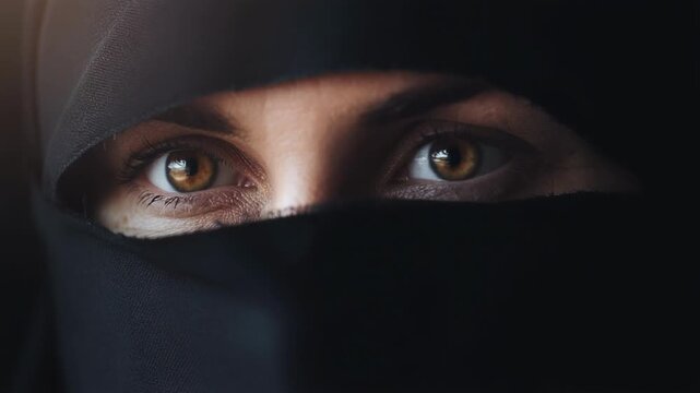 Close up portrait of a woman with captivating hazel eyes wearing a black niqab traditional clothing