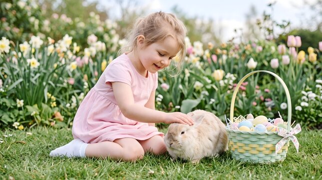 Little Girl Petting a Bunny Rabbit in a Garden with Easter Eggs