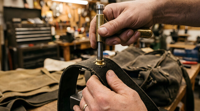 Craftsman using brass setter punch to press eyelet grommet onto heavy canvas bag strap.