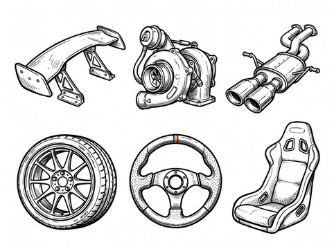Car tuning and vehicle customization hand drawn illustrations set. Vintage doodle drawings of racing parts and sport auto elements. Clean line art collection for speed shop branding.