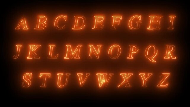 Glowing Orange Neon English Alphabet Letters A to Z Set Isolated on Dark Background, Glowing Light Serif Font Typography Vector Motion Graphics Animation for Title Design and Cyberpunk Branding