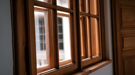 Fototapeta premium A close up of a traditional wooden window frame showing multiple glass panes and warm natural wood tones against soft interior lighting