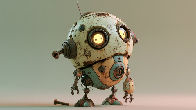 Cute 3D Vintage Robot Character with Rusty Metal Texture and Expressive Glowing Eyes