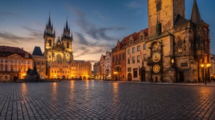 Fototapeta premium Charming cobblestone street winding through a historic medieval European town at sunset with ancient stone architecture