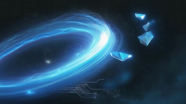Swirling luminous blue ring with crystal shards orbiting in dynamic energy pulse animation