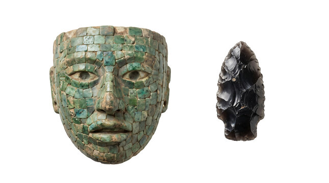 Ancient Mayan jade mask and black obsidian arrowhead isolated on a white background for history education, museum archives, and cultural design projects