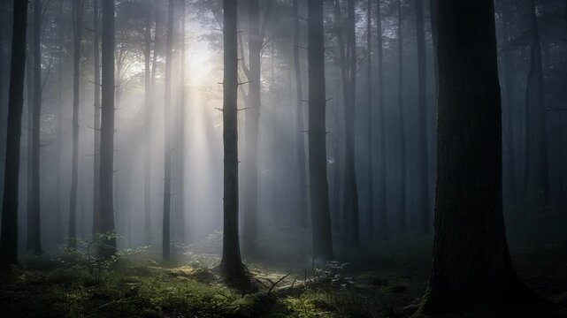 Soft morning light filtering through misty pine trees in serene forest landscape nature scenery