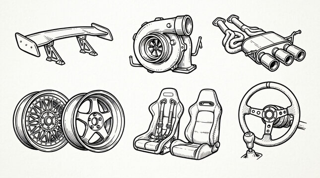Car tuning and vehicle customization hand drawn illustrations set. Vintage doodle drawings of racing parts and sport auto elements. Clean line art collection for speed shop branding.