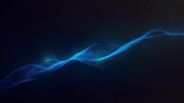 Dynamic wave of glowing blue particles flowing smoothly in dark space background