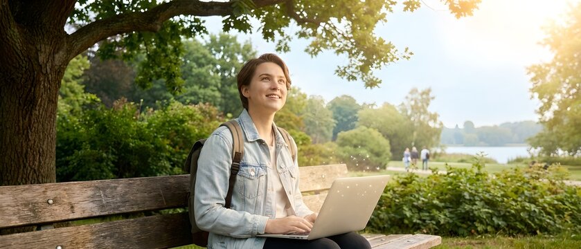 Young Woman Enjoying Remote Work in a Sunny Park &mdash; A Cheerful Young Woman in a Light Blue Denim Jacket and White Top Sits on a Weathered Wooden Bench Beneath a Large Tree, Smiling as She Works on a Sl