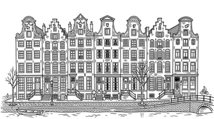 Obraz premium Black and white outline illustration of traditional Amsterdam canal houses with bridge and boat, ideal for coloring book, travel design and architectural print