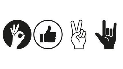 Fototapeta premium Set of black and white hand gestures showing okay, thumbs up, peace and rock signs isolated on white background, ideal for digital communication, social media graphics and web design