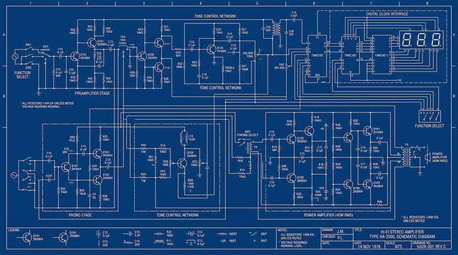Vintage Hi-Fi Audio Circuit Schematic Blueprint Technical Electronic Diagram