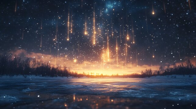 Cinematic Geminid meteor shower illuminates snowy landscape with golden streaks against starry night sky reflecting on icy surface capturing celestial wonder and cold earth contrast.