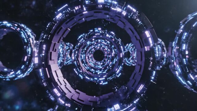 Futuristic cybernetic rings rotating in deep space with glowing blue lights, sci-fi portal and quantum technology animation.