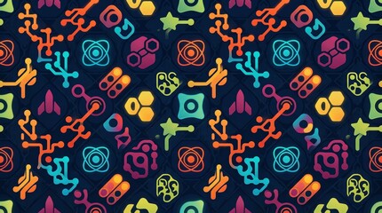 Naklejka premium Seamless futuristic technology pattern featuring colorful glowing neon icons such as circuit lines, atoms, and rocket ships on a dark navy blue background for gaming or tech.
