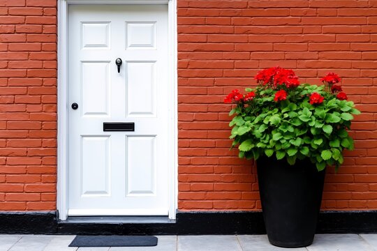 A white door with red flowers in a black pot next to a brick wall