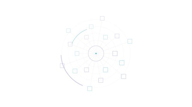 Abstract digital network illustration featuring a central hub connected to multiple square data nodes and circular paths for technology concepts