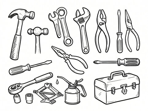 Auto mechanic repair tools hand drawn illustrations set. Vintage doodle drawings of garage equipment and hardware. Clean line art collection for car workshop and service branding.