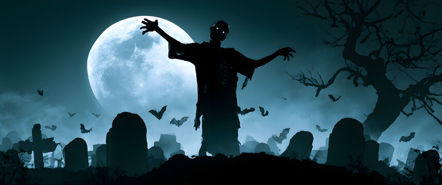 Zombies rise from the graveyard at night under a full moon, with dark and eerie skies, as bats flutter by trees. This spooky Halloween event features banners and decorations.