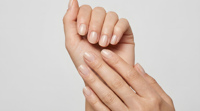 Hands showing clean natural fingernails with a soft glossy finish on a white background for minimalist manicure and nail care content