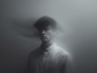 Fototapeta premium Surreal monochrome blurred portrait of a young man with motion haze for moody background and artistic poster design