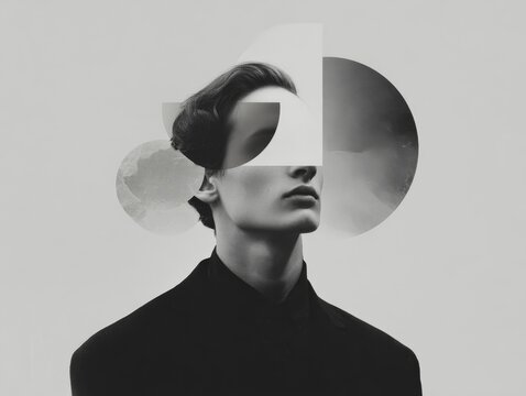 Surreal monochrome collage portrait of a person with geometric shapes for modern poster and editorial design