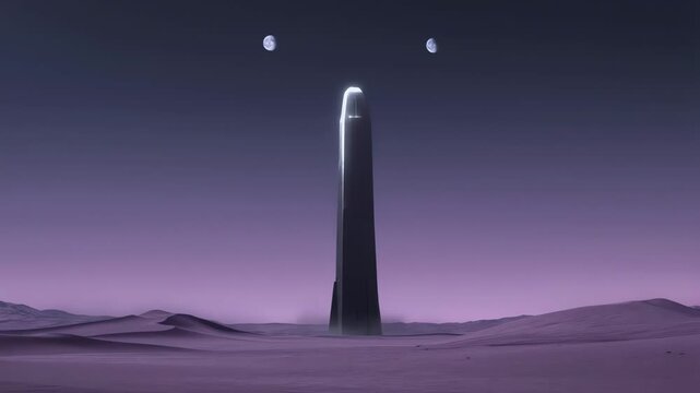 Mysterious alien monolith on a distant planet under two moons sci fi desert landscape