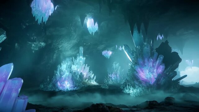 Mystical Glowing Crystal Cave with Luminous Amethyst and Quartz Formations