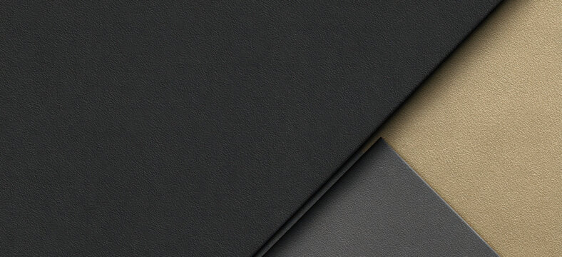 Textured paper in black, gray, and beige colors arranged in layered composition. Abstract geometric banner background