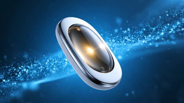 Floating metallic capsule with a glowing core over blue digital particle waves.