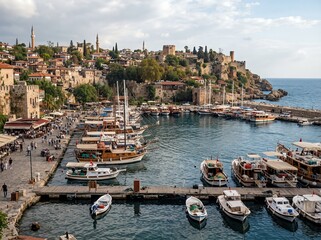 Fototapeta premium The port in Antalya’s historic Kaleici district, Turkey, features a harbor bustling with boats and a hillside town