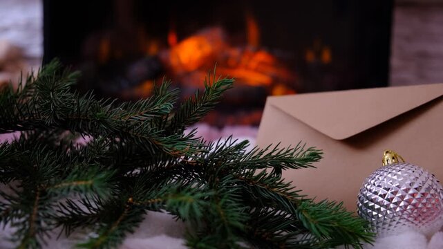 Christmas tree, decorations, envelope. Magic of the holiday season. Warm string lights twinkle gently, casting a golden glow. Fireplace,  flame, fir branches adds comforting warmth, the subtle scent