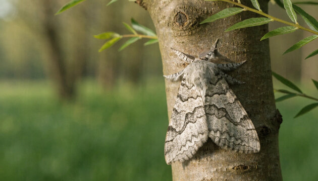 Puss Moth Camouflaged on Willow Tree Bark in Woodland Habitat