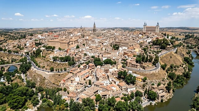 From above, the historic center of Toledo appears under a bright summer midday sky in Spain