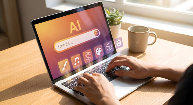 Person using laptop with generative AI content creation interface on screen, Generative artificial intelligence concept with user typing prompt to create digital media.