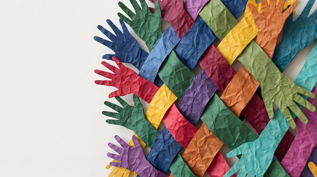 Concept of unity, diversity, and cooperation. Interwoven colorful crumpled paper hands pattern on a white background with copy space, Abstract concept of multicultural solidarity.