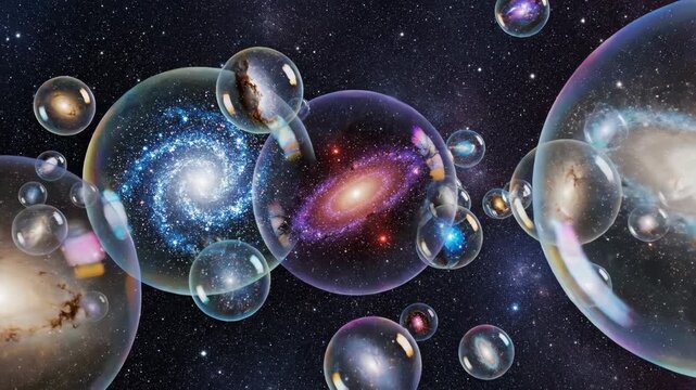 Multiverse soap bubbles floating in space containing galaxies and nebulas, representing parallel universes and the vast cosmos.