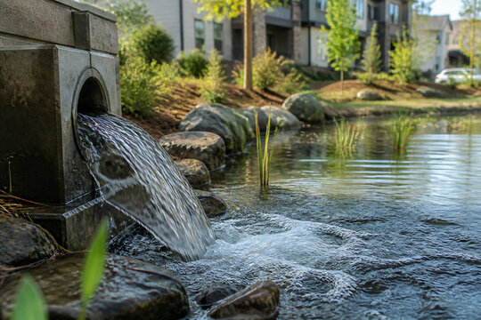 A stone fountain is spilling water into a calm pond surrounded by greenery and buildings.