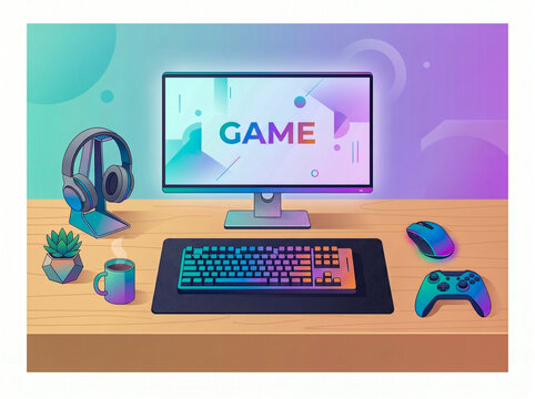 Modern gaming setup with desktop computer, backlit keyboard, headphones, controller, and colorful gradient background in flat vector style